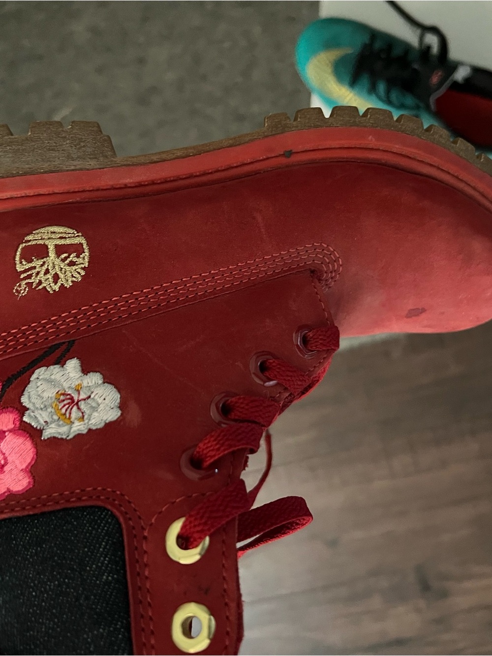 Timberland Red Lace-Up Boots with Floral Embroidery